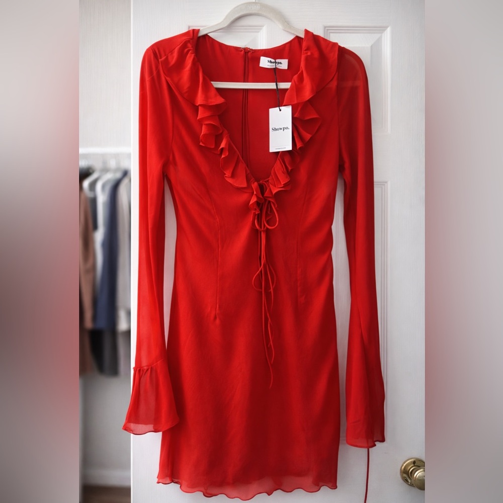 Showpo. Scarlet Ruffle V-Neck Long Sleeve Dress